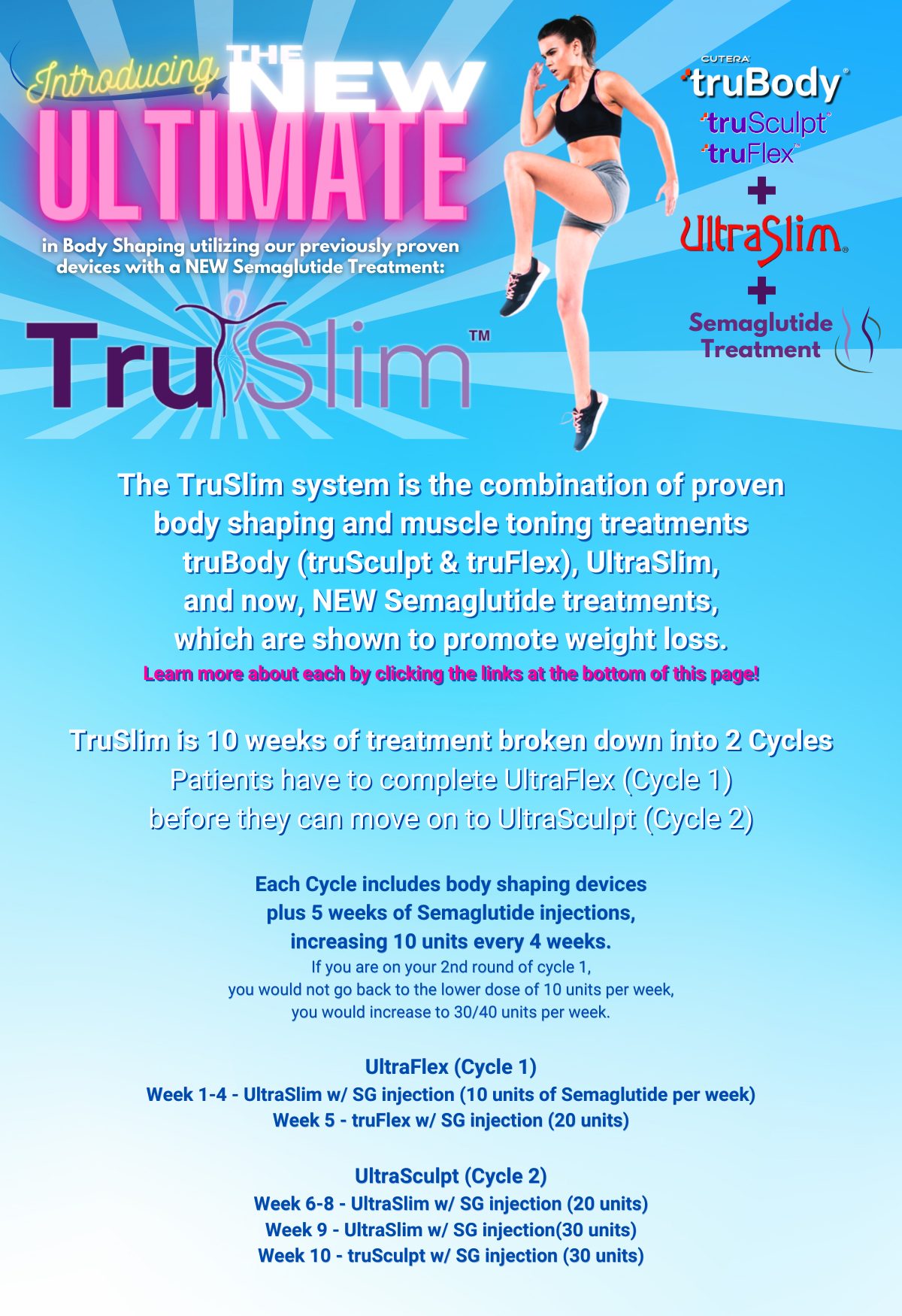 The TruSlim System is the combination of proven body shaping and muscle toning treatments<br />
truBody (truSculpt & truFlex), UltraSlim,<br />
and now, NEW Semaglutide treatments,<br />
which are shown to promote weight loss.